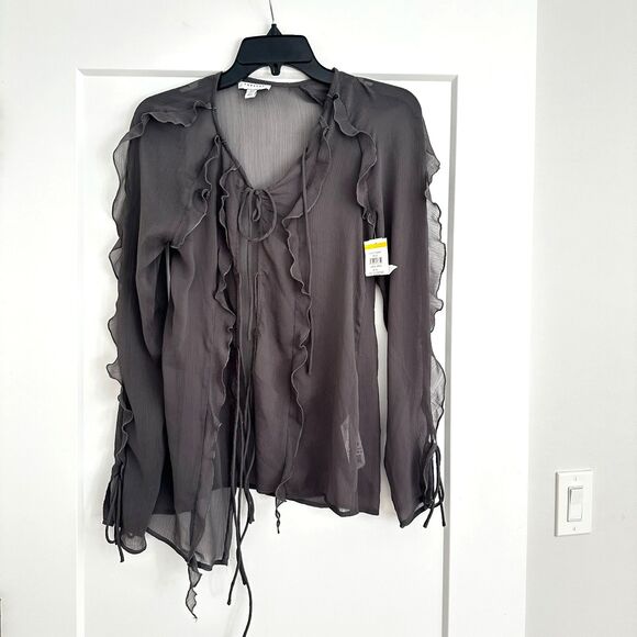 🤎 Topshop Sheer Taupe Blouse with ruffle sleeve – Sz. 4 - Picture 2 of 7